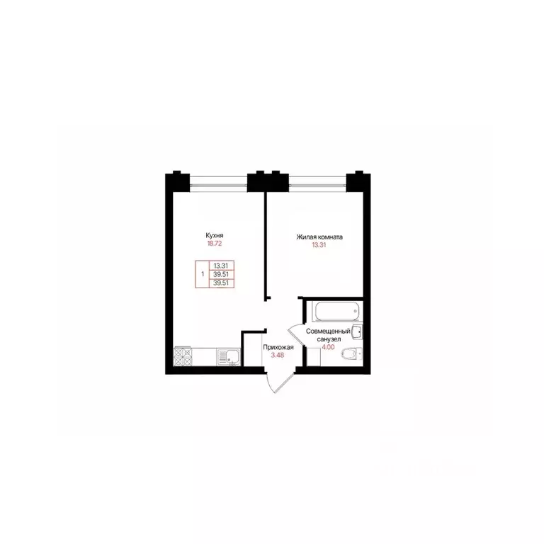 1-к кв. Татарстан, Казань Лето жилой комплекс (39.51 м) - Фото 1