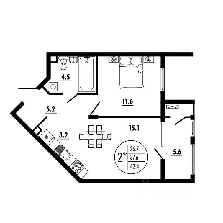 2-к кв. Ростовская область, Ростов-на-Дону Благодатная ул., 164 (42.4 ... - Фото 1