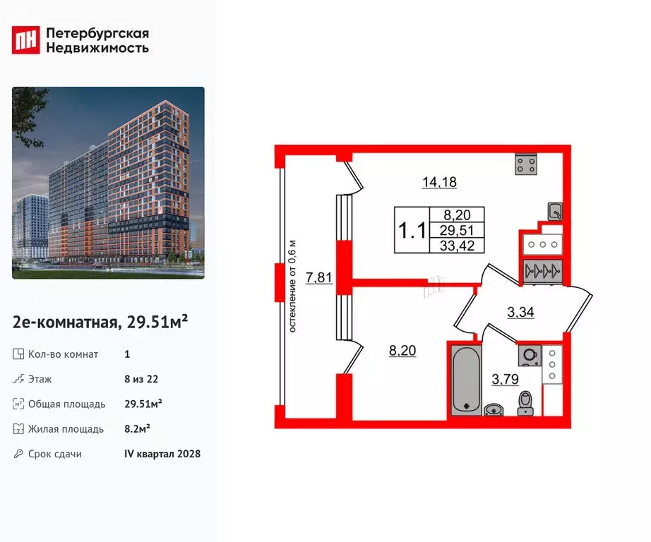 1-комнатная квартира: деревня Новосаратовка, ЖК Город Звёзд (29.51 м) - Фото 0