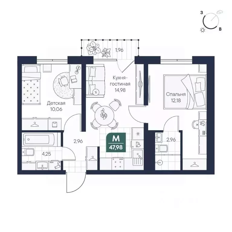2-к кв. Новгородская область, Великий Новгород Медь кв-л,  (47.98 м) - Фото 1