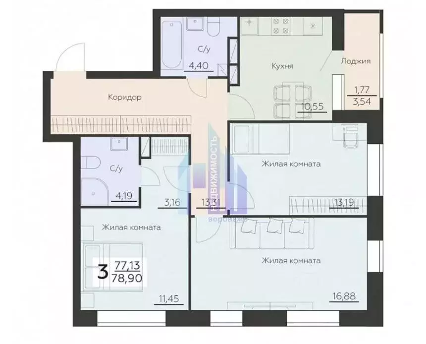 3-комнатная квартира: Воронеж, Ленинградская улица, 29Б (78.79 м) - Фото 0
