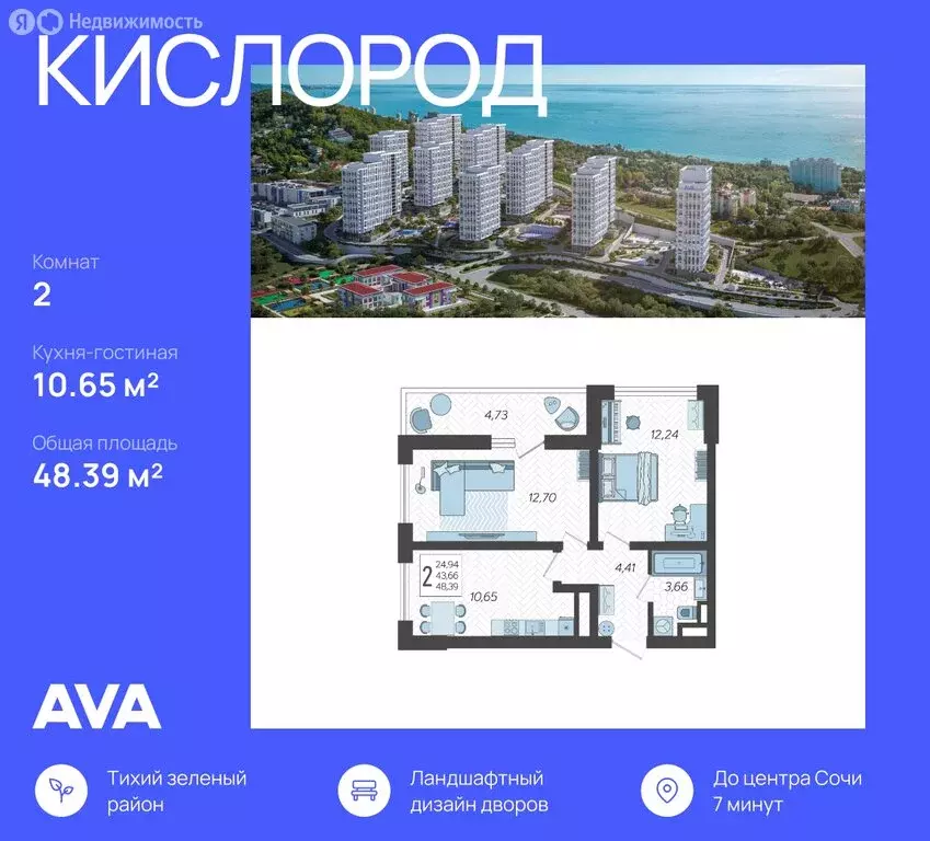 2-комнатная квартира: Сочи, жилой комплекс Кислород, 3 (48.39 м) - Фото 0