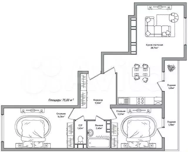 2-к. квартира, 75 м, 4/8 эт. - Фото 0