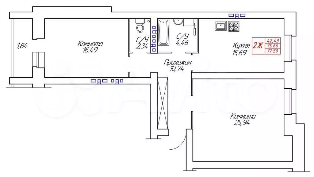 2-к. квартира, 77,5 м, 4/8 эт. - Фото 0