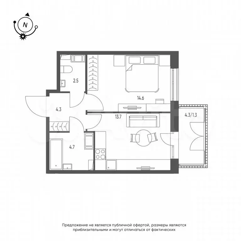 1-к. квартира, 41,1 м, 9/9 эт. - Фото 0