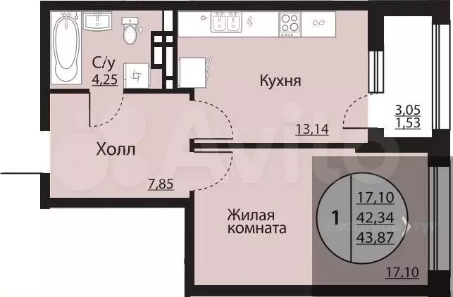 1-к. квартира, 43,9 м, 13/24 эт. - Фото 0