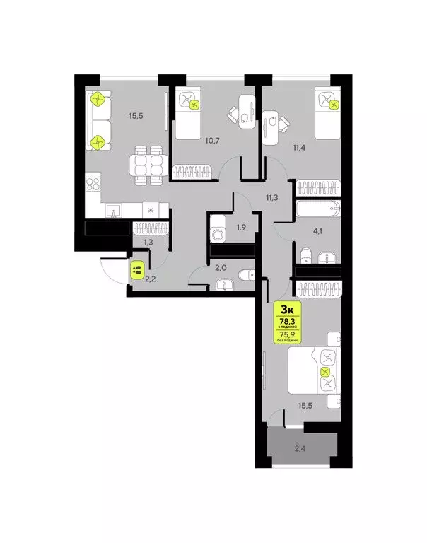 3-комнатная квартира: Тюмень, улица Андрея Приказнова, 1 (78.3 м) - Фото 1