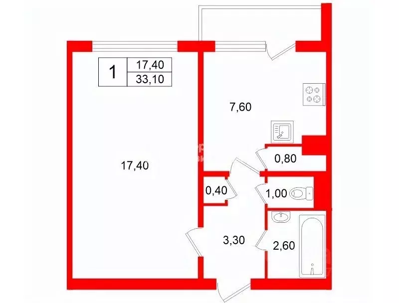 1-к кв. Санкт-Петербург ул. Композиторов, 19 (33.1 м) - Фото 2