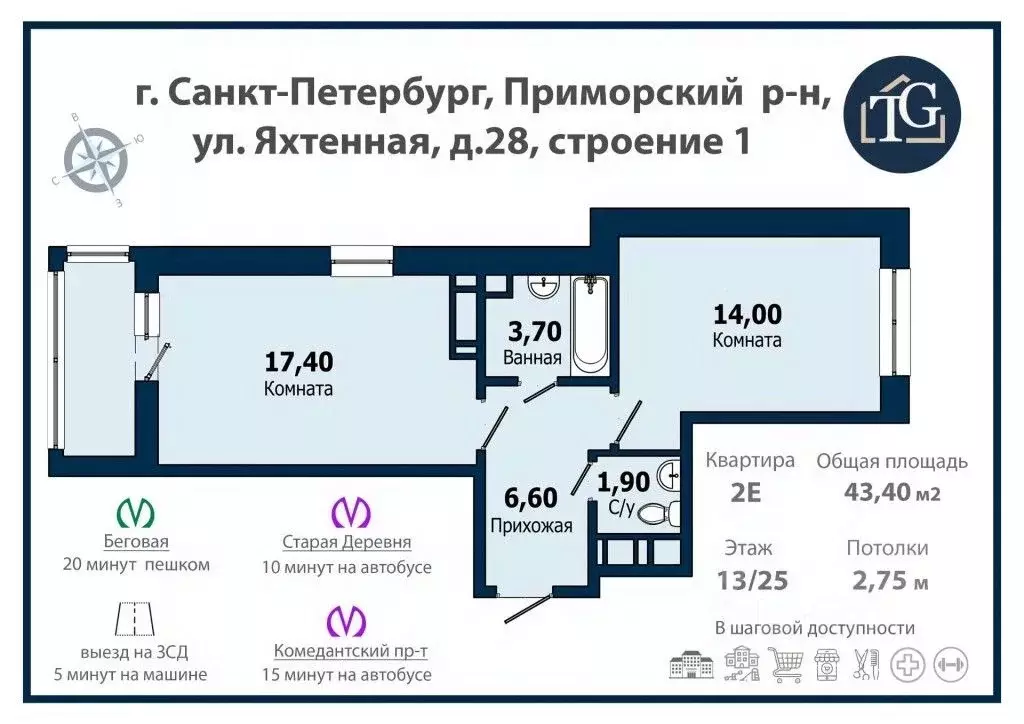 1-к кв. Санкт-Петербург Яхтенная ул., 28 (43.6 м) - Фото 2