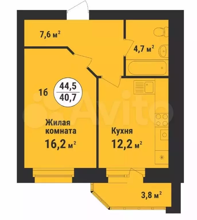 1-к. квартира, 44,5м, 7/9эт. - Фото 0