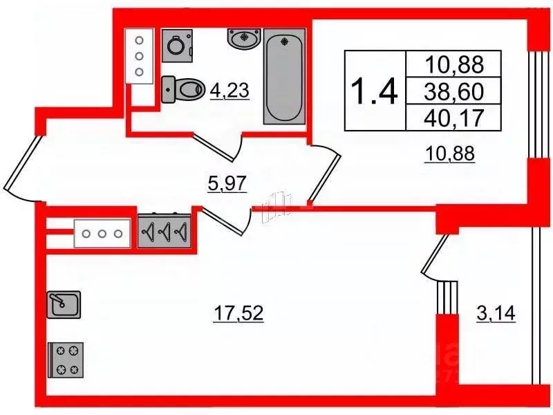 1-к кв. Санкт-Петербург ул. Верхне-Каменская, 11к1 (40.17 м) - Фото 2