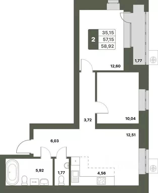 2-к кв. Башкортостан, Уфимский район, с. Миловка  (58.92 м) - Фото 1