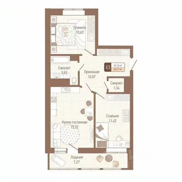 2-к кв. Тульская область, Тула Кулик жилой комплекс (56.74 м) - Фото 1