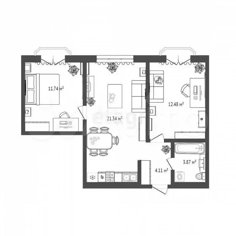 2-к. квартира, 52,6 м, 4/9 эт. - Фото 0