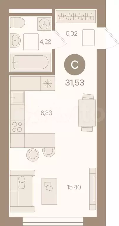 Квартира-студия, 31,5 м, 2/8 эт. - Фото 0