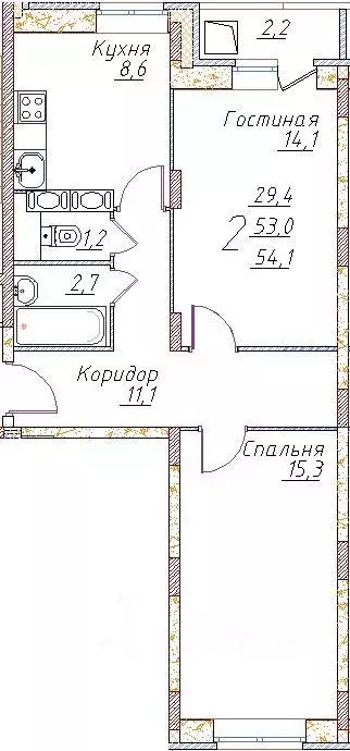 Квартира, 2 комнаты, 54.3 м - Фото 1