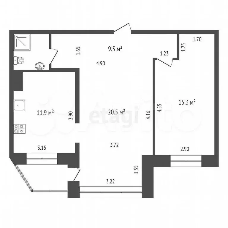 2-к. квартира, 59,5 м, 5/5 эт. - Фото 0