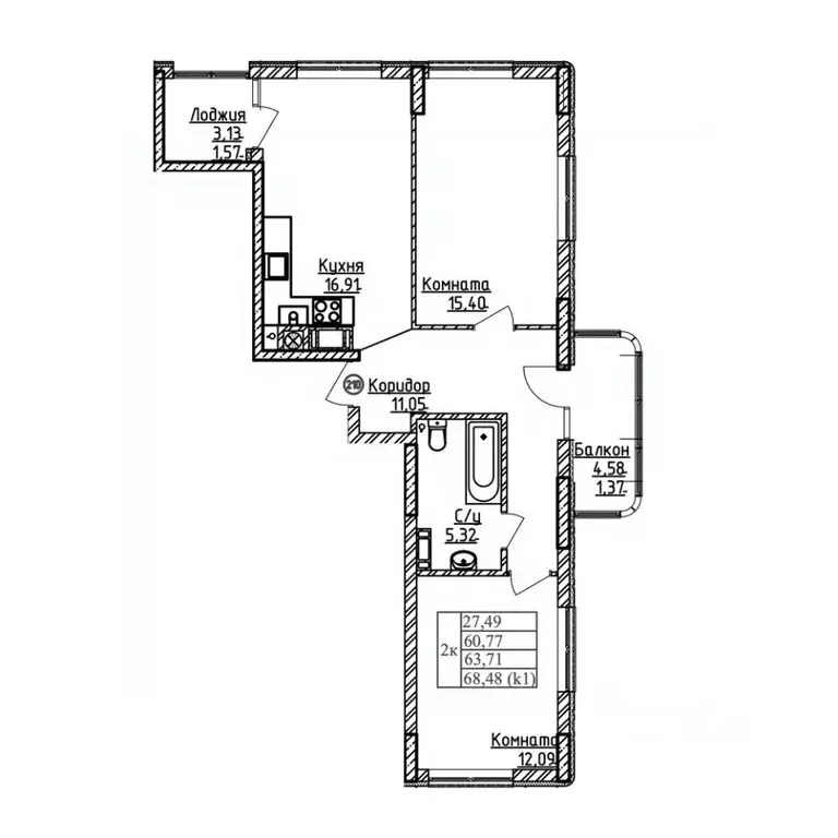 2-к кв. Калининградская область, Калининград ул. Дубовая Аллея (63.71 ... - Фото 1