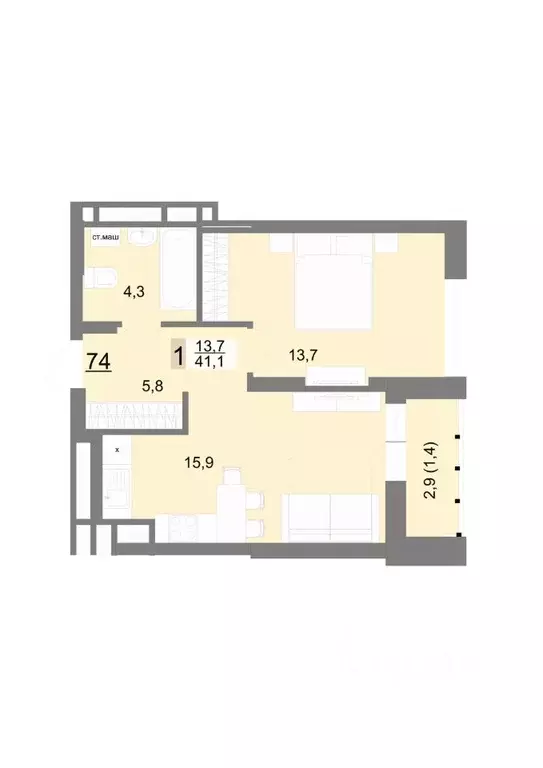 1-к кв. Свердловская область, Екатеринбург ул. Шаумяна, 77 (41.1 м) - Фото 0