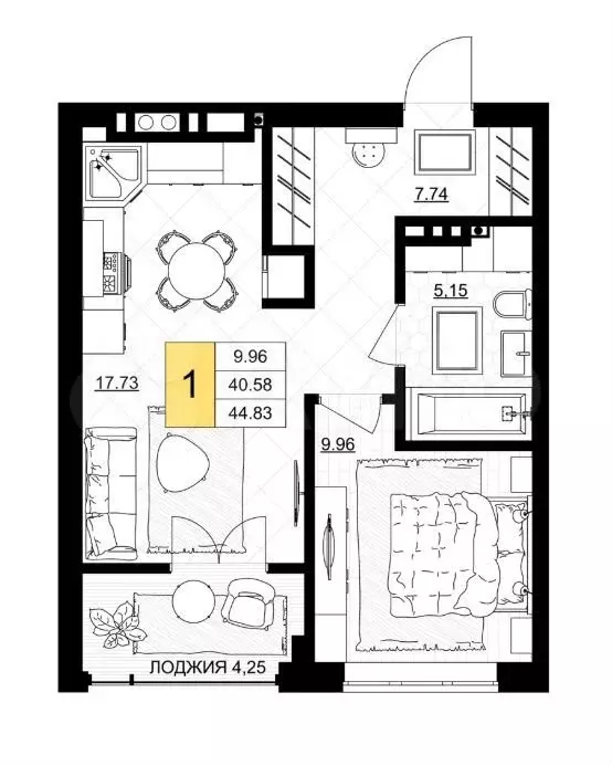 1-к. квартира, 44,8 м, 2/7 эт. - Фото 1