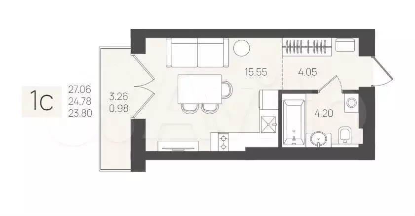 1-к. квартира, 23,8 м, 3/5 эт. - Фото 1
