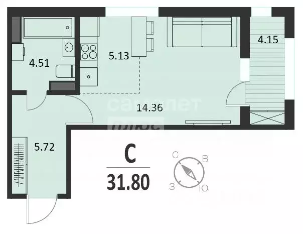 Студия Курская область, Курск Хуторская ул., 33 (31.8 м) - Фото 1