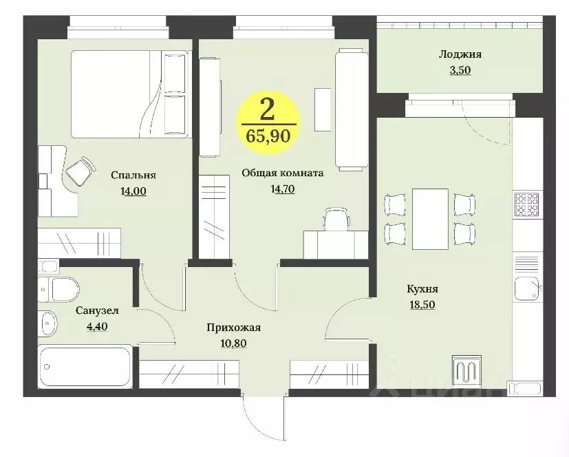2-к кв. Ставропольский край, Ставрополь Лесная ул., 204 (65.9 м) - Фото 1