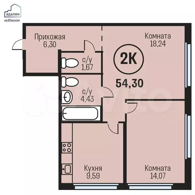 2-к. квартира, 54,3 м, 18/24 эт. - Фото 0