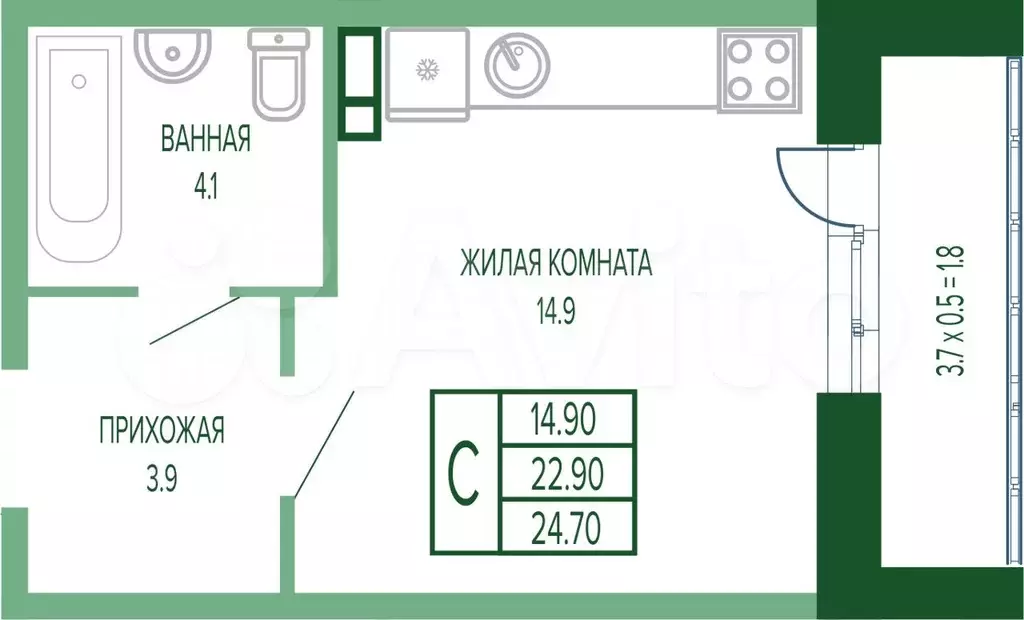 Квартира-студия, 24,7 м, 6/17 эт. - Фото 0