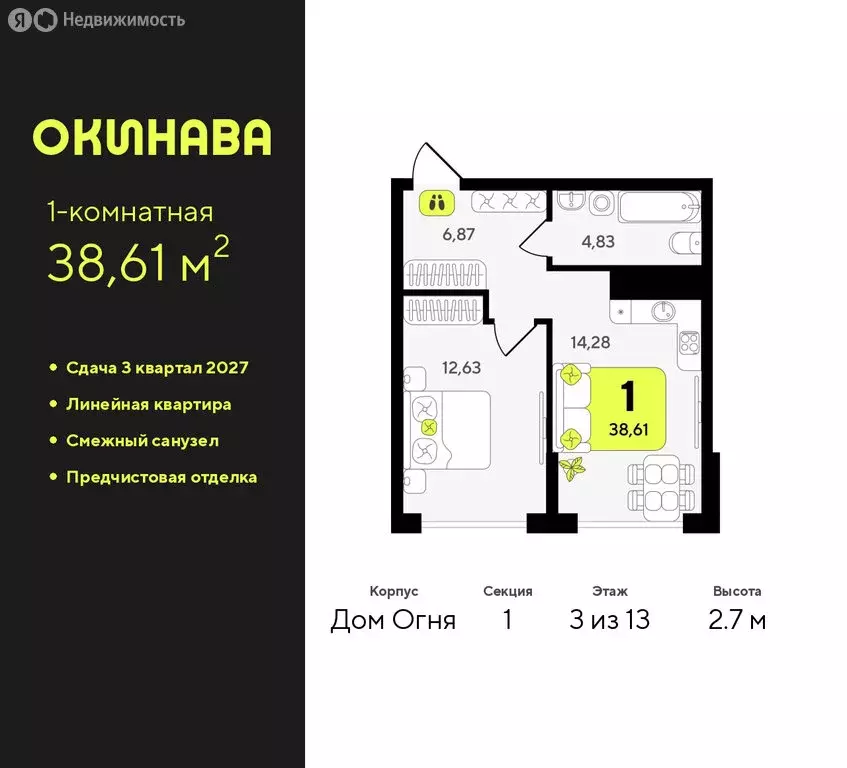 1-комнатная квартира: Тюмень, жилой комплекс Окинава (38.61 м) - Фото 0