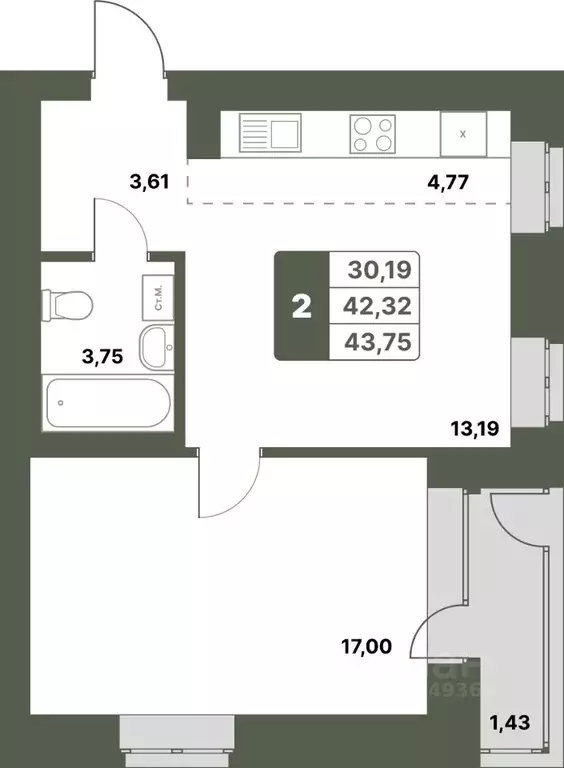 2-к кв. Башкортостан, Уфимский район, с. Миловка  (43.75 м) - Фото 1