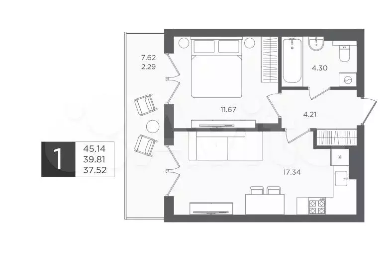 1-к. квартира, 39,8 м, 2/4 эт. - Фото 1