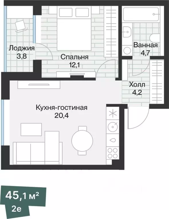 1-к кв. Тюменская область, Тюмень Ямская ул., 159с1/26 (43.19 м) - Фото 1