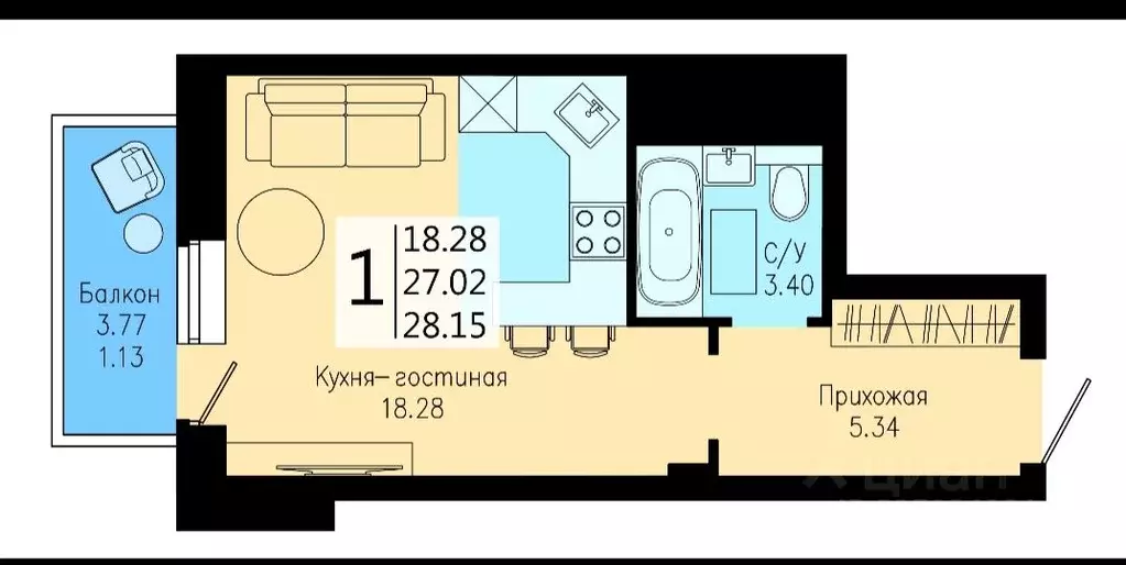 Студия Красноярский край, Красноярск Дудинская ул., 2Б (28.2 м) - Фото 0
