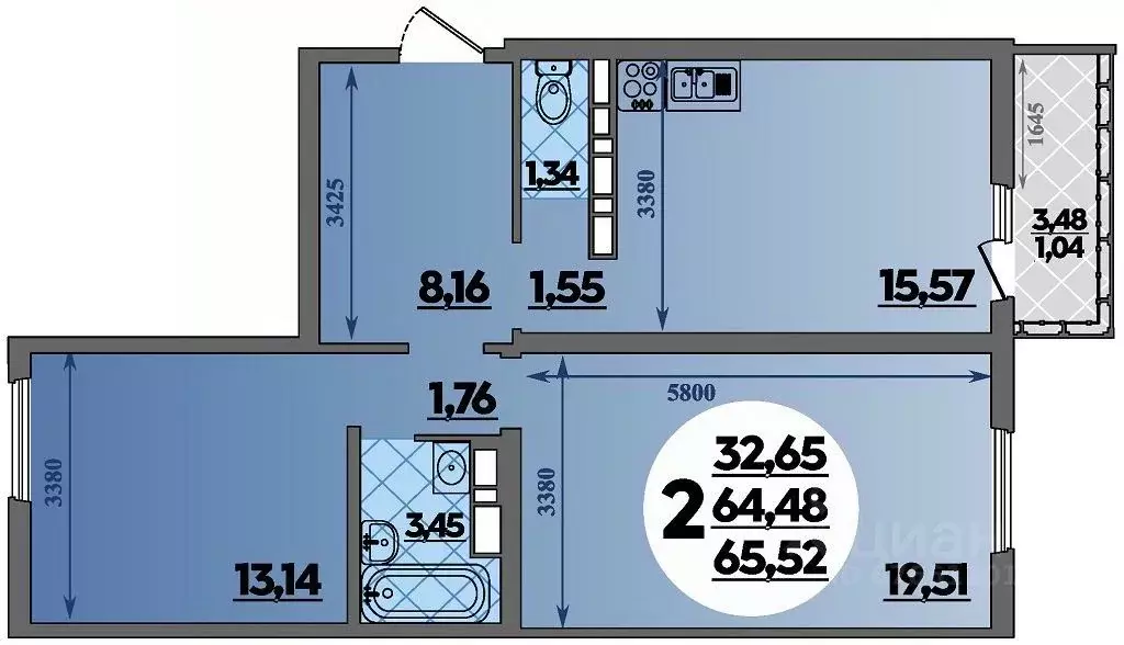 2-к кв. Адыгея, Майкоп  (65.52 м) - Фото 1