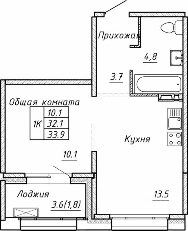 Свободной планировки кв. Новосибирская область, Новосибирск  (33.9 м) - Фото 0