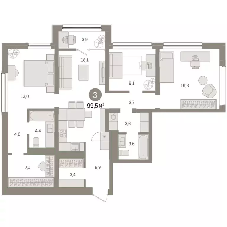 3-комнатная квартира: Тюмень, Мысовская улица, 26к1 (99.47 м) - Фото 1