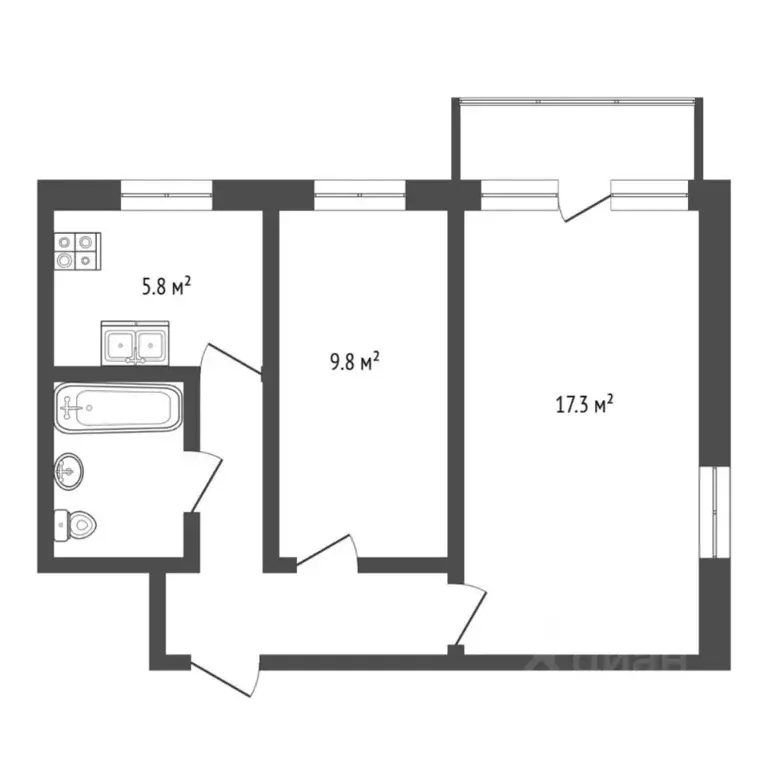 2-к кв. Тюменская область, Тюмень Рижская ул., 73 (42.9 м) - Фото 2