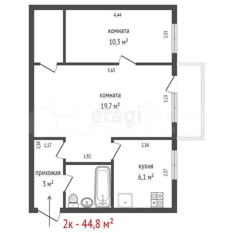 2-к. квартира, 44,8 м, 5/5 эт. - Фото 1