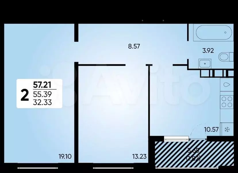 2-к. квартира, 57,2 м, 8/18 эт. - Фото 0