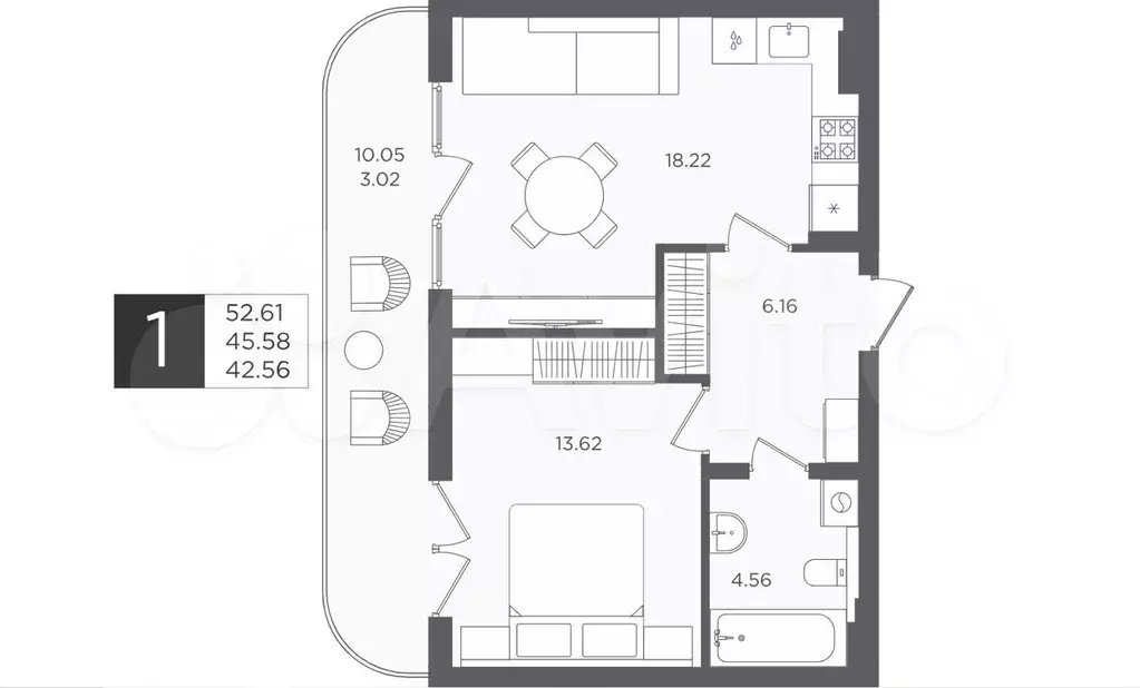 1-к. квартира, 52,6 м, 1/4 эт. - Фото 1