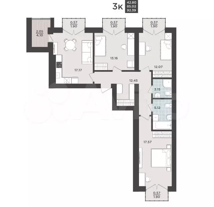 3-к. квартира, 92,4 м, 8/9 эт. - Фото 1