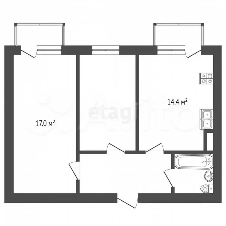 2-к. квартира, 53,5 м, 1/7 эт. - Фото 0