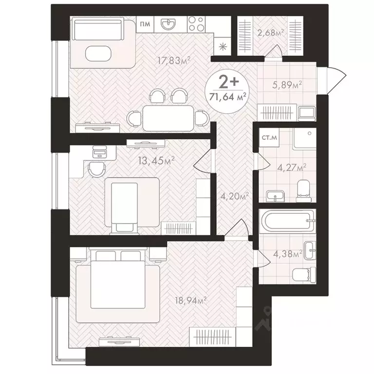 2-к кв. Башкортостан, Уфа Южный-2 мкр,  (71.64 м) - Фото 0