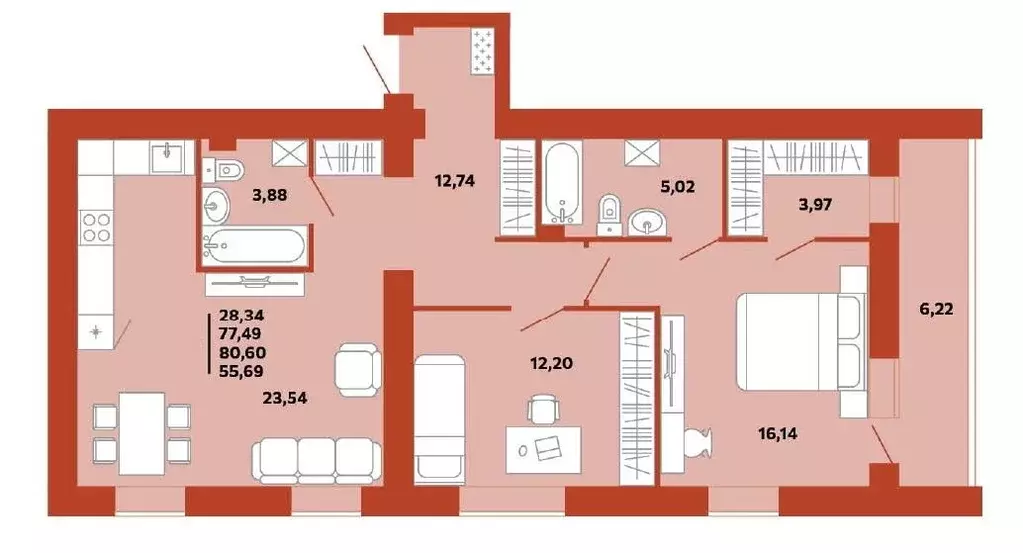 Квартира, 3 комнаты, 67.92 м - Фото 1