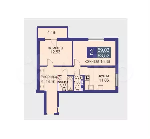 2-к. квартира, 63 м, 7/9 эт. - Фото 1