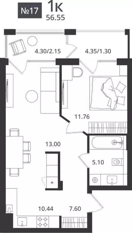 1-к кв. Калининградская область, Светлогорск Новая ул., 108-114 (56.55 ... - Фото 1