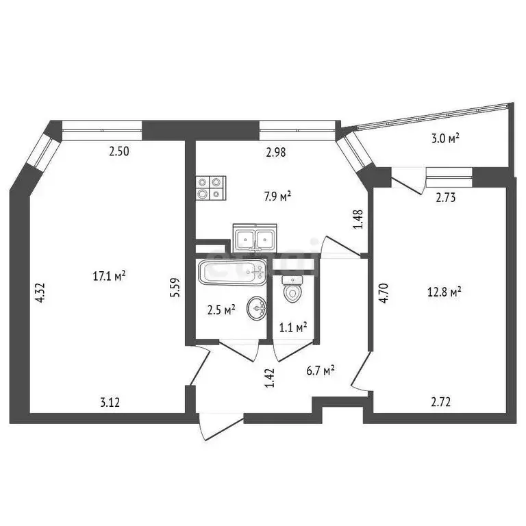 2-комнатная квартира: Санкт-Петербург, проспект Косыгина, 17к1 (48.1 ... - Фото 0