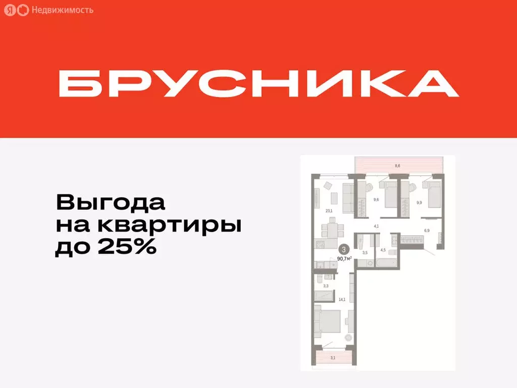 3-комнатная квартира: Тюмень, жилой комплекс На Минской (90.66 м) - Фото 0