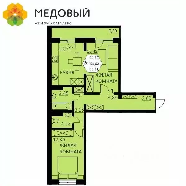 2-к кв. Пермский край, д. Кондратово ул. Г.Н. Нифантова, 4А (51.6 м) - Фото 0